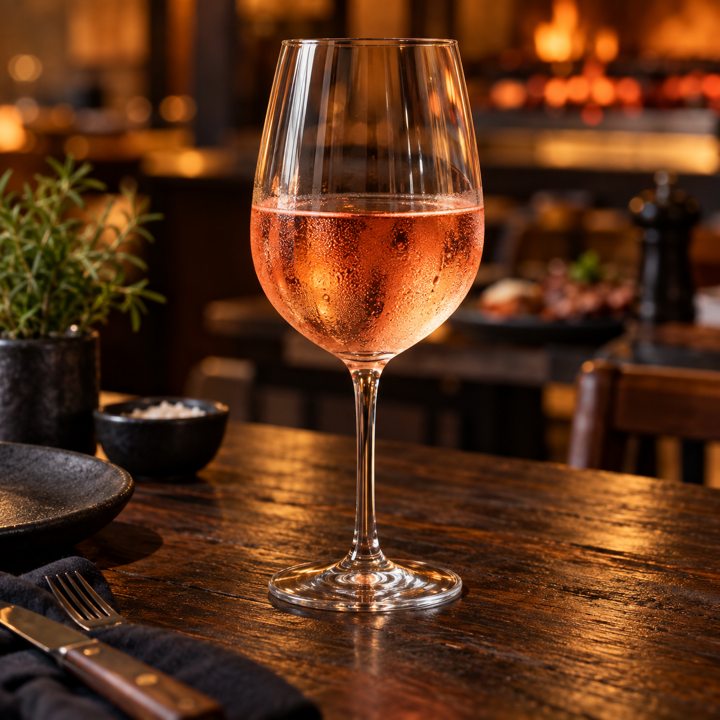Taça de vinho rosé servida no Rústico